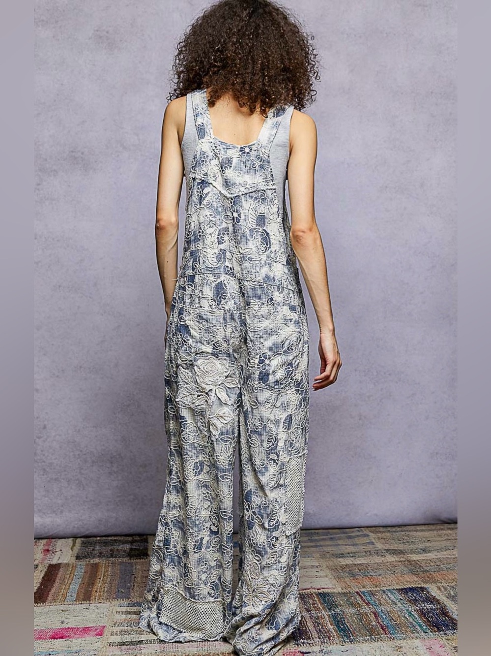 Boho Blue and Cream Patchwork Overalls - Picture 2 of 8